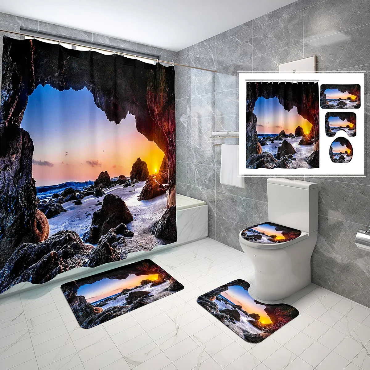 Coastal Cave Shower Curtain Sets 4 Pcs Sunset Nature Rock Sunlight Non-Slip Bath Mat Toilet Cover Waterproof Shower Curtain Set