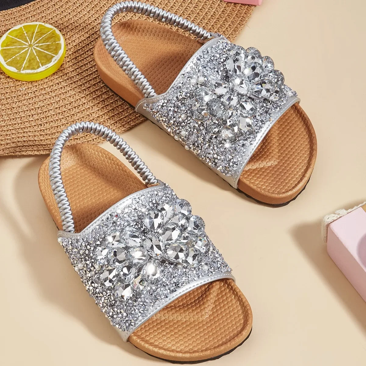 2024 verão novas meninas strass princesa sandálias sola macia anti deslizamento chinelos casuais das crianças sapatos de praia plana