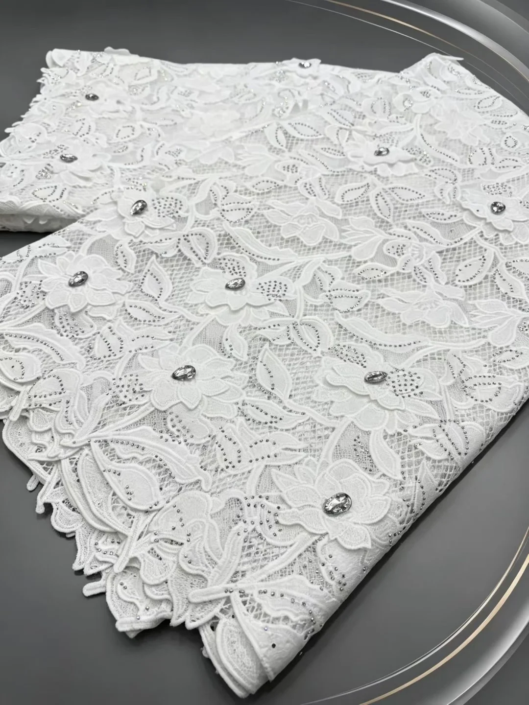 5 Yards White Water Soluble Rhinestone Lace Fabric, Luxury 3D Floral Embroidery Mesh with Tube Bead Crystal Accents for Wedding