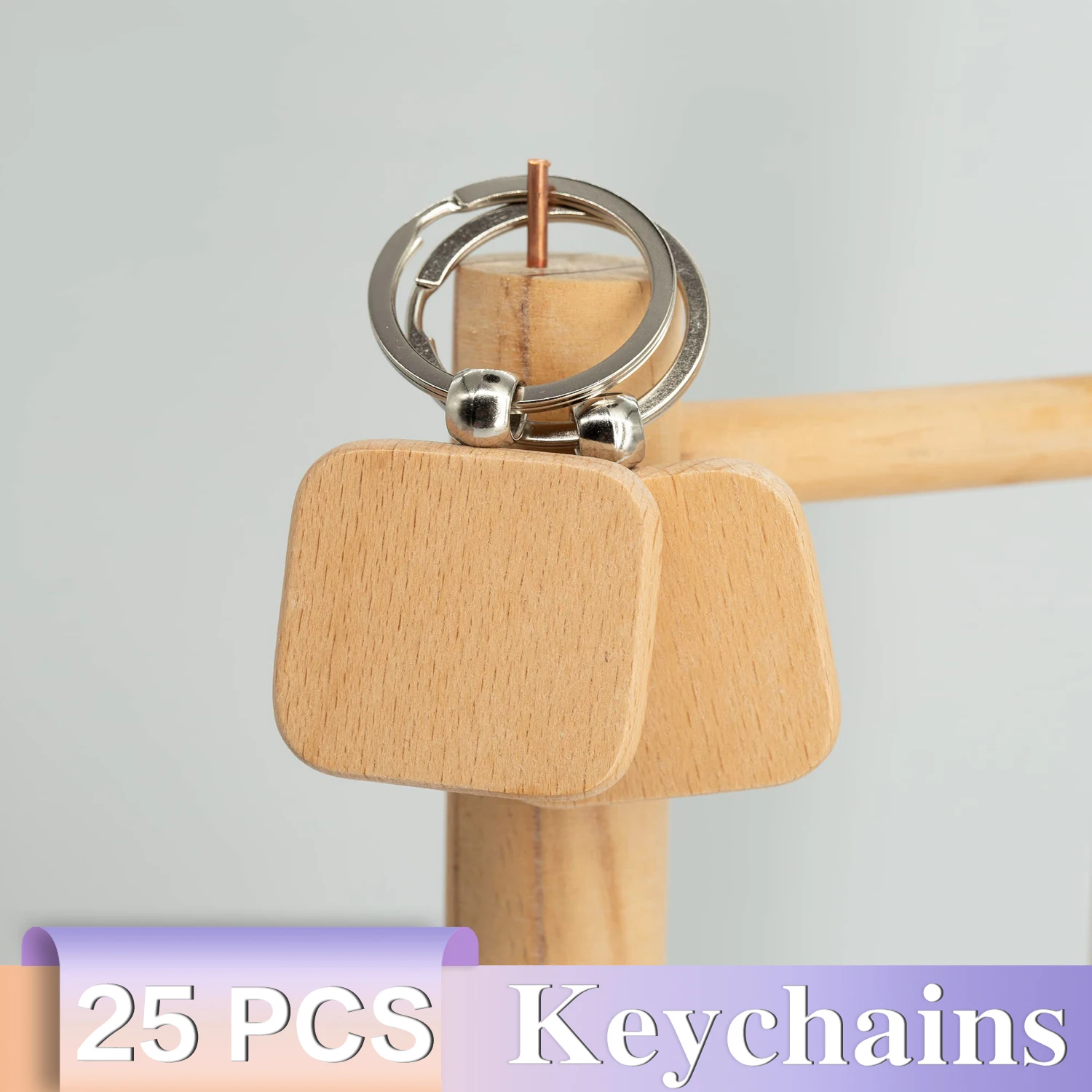 

25Pcs Eco-friendly square key chain - wooden keychain, daily use keychains, for car keys, bag pendants