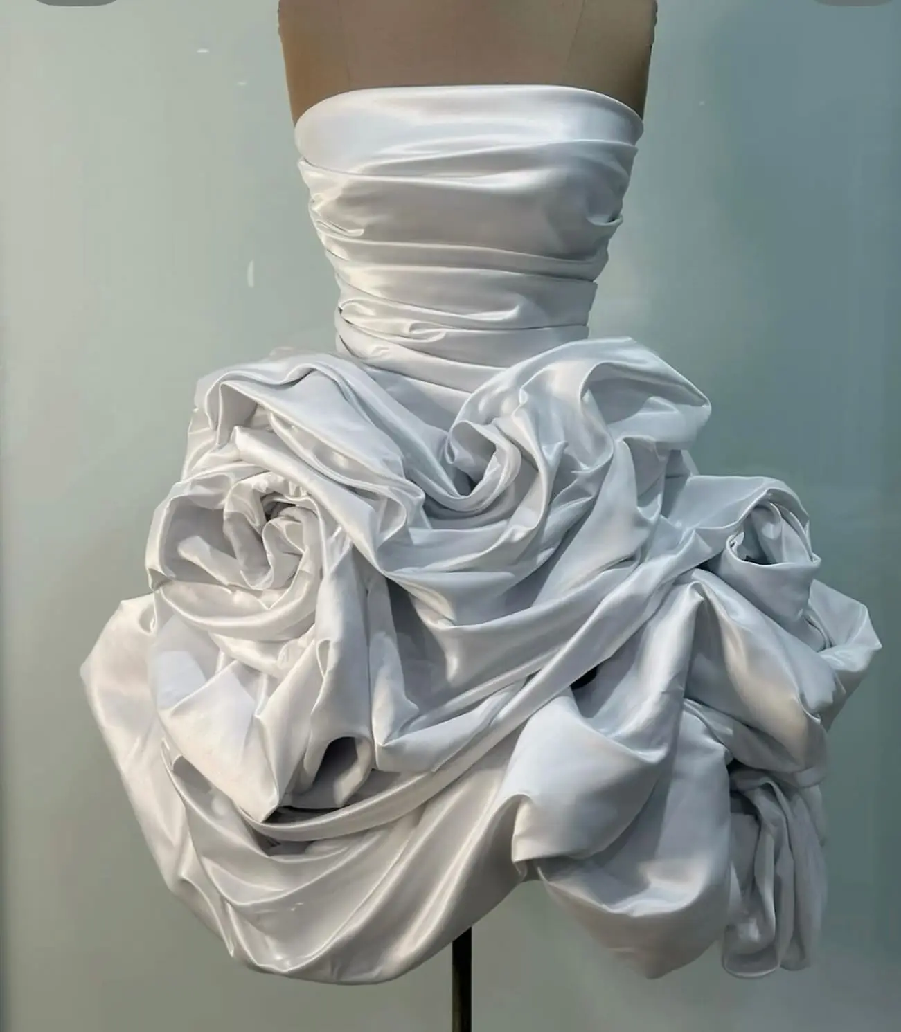 White Satin Strapless Ball Gown with Ruched Bodice & Sculptural Rose Ruffle – Avant‑Garde Evening Dress, Luxury Formal Wear 2026