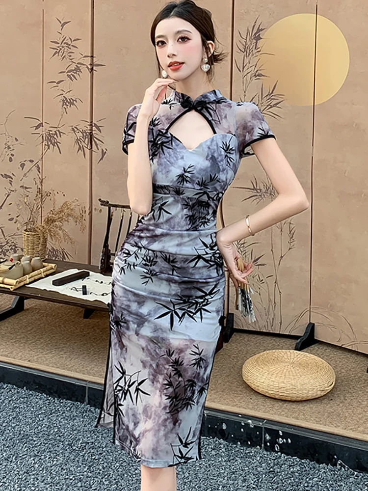 Frauen drucken Kurzarm aushöhlen sexy Midi-Kleid Sommer elegante Party kleid und Events koreanische Vintage Bodycon Ballkleid