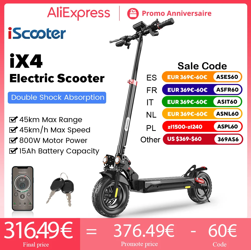 iScooter iX4 Electric Scooter 800W 15Ah Powerful Electric Kick Scooter Anti-skid Off-road Tire  45km Range eScooter 45km/h Speed