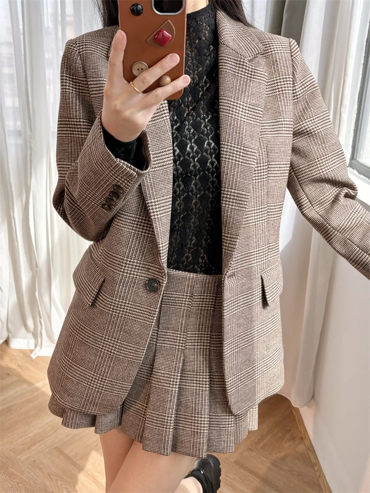 Two Piece Set for Women Thousand Bird Brown Set Bow Brooch Wool Blended Suit Coat+Short Skirt Pants Elegant British Style S Home