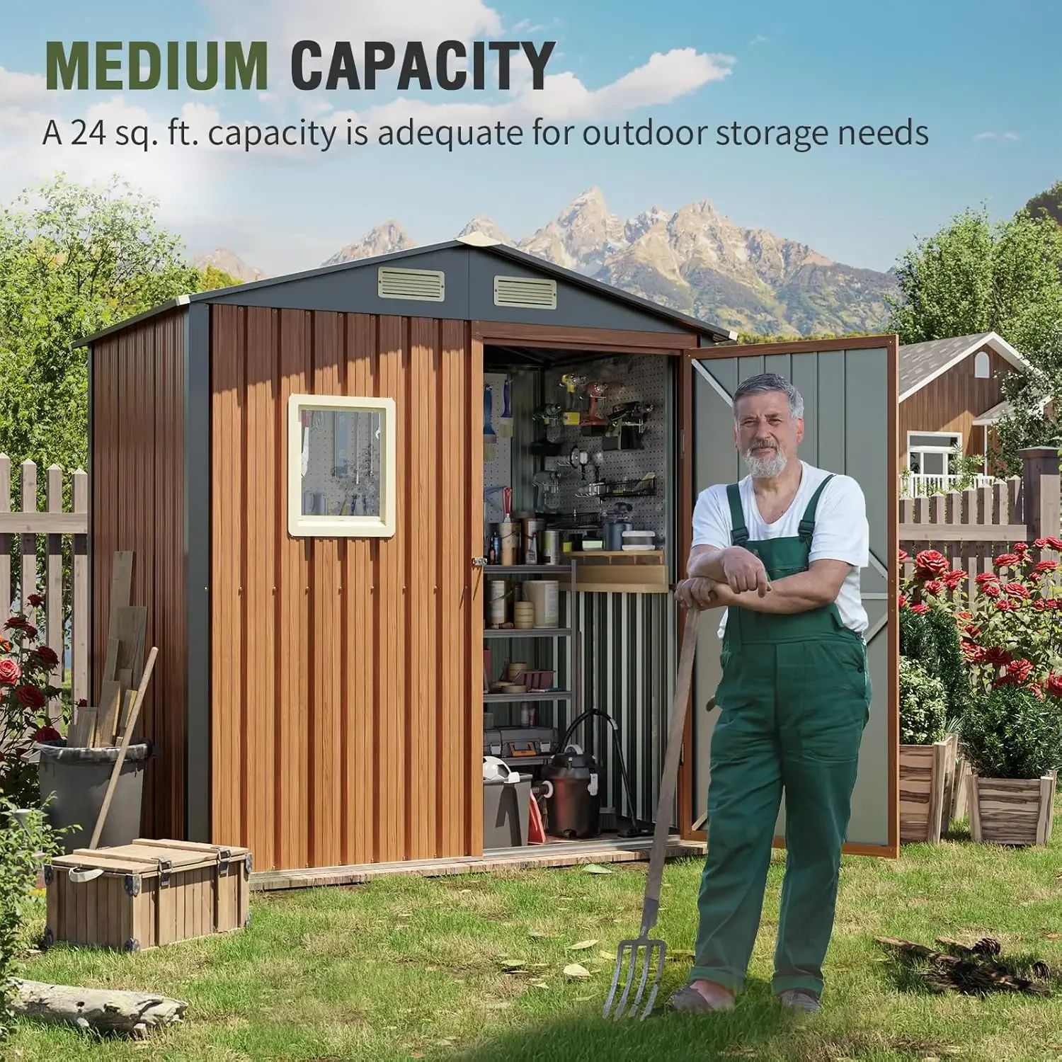 Lockable Metal Garden Shed with Window, Tool Shed Tiny House Vertical Outside Storage Building for Backyard, Lawn, Patio, Bike