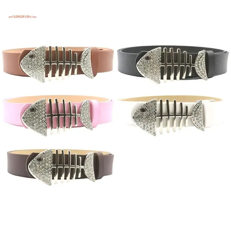 Crystal Fishbones Belt Adult Unisex Adjustable PU Leather Belt Cool Waist Decors