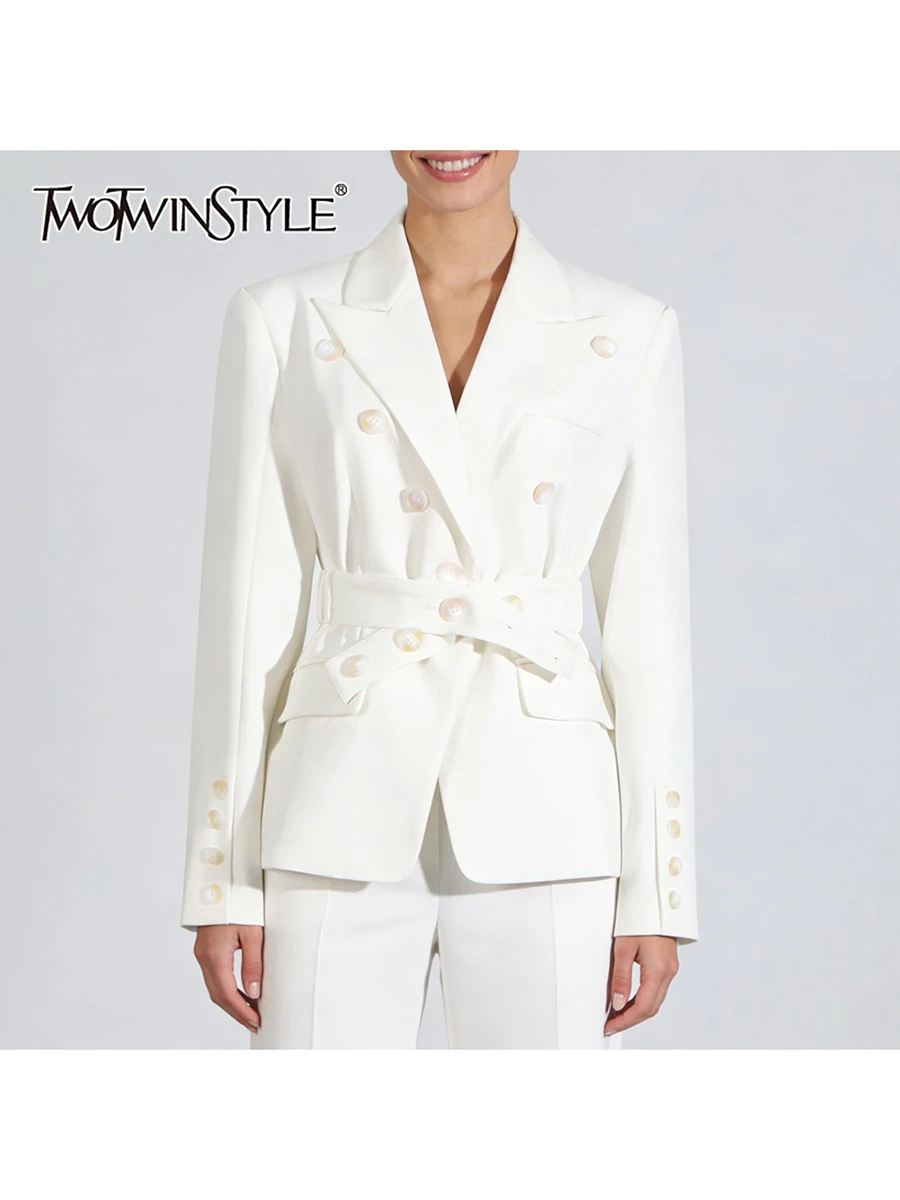 TWOTWINSTYLE White Slimming Spliced Buttons Design Sense Blazer for Women Lapel Long Sleeves Tunic Patchwork Belt Blazers Female