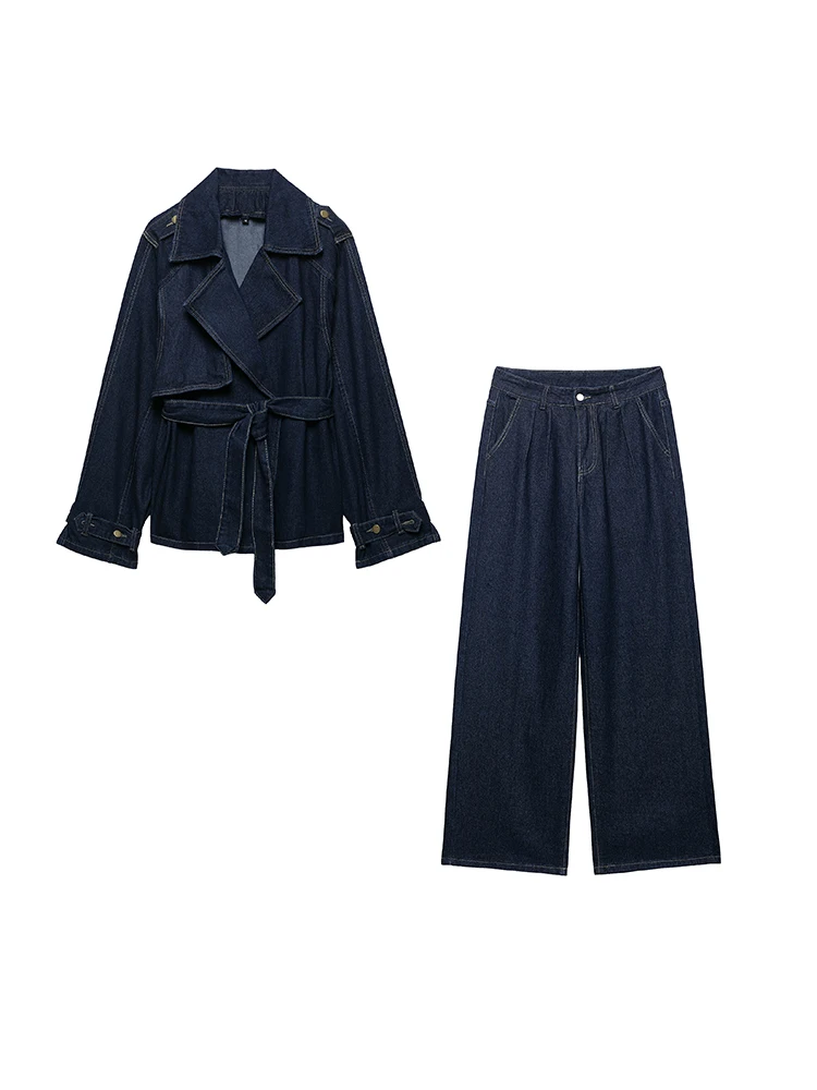 

SIYANG Women Fashion 2 Piece Set With Belt Denim Hidden Breasted Jackets & Vintage Front Zipper Trousers Feamle Pants Sets