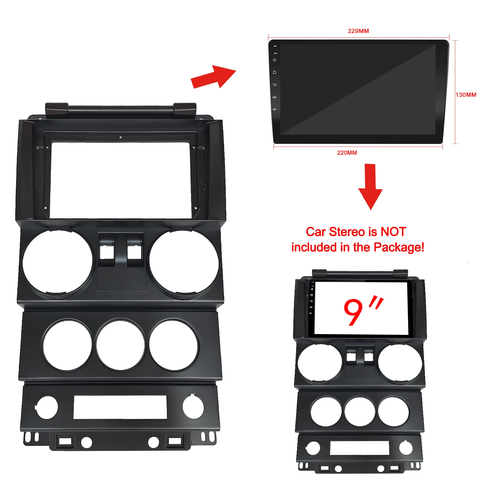 9 Inch Car Fascia for Jeep Wrangler 2008-2010 LHD Double Din Dashboard Install Panel Trim Refitting Car Radio DVD Frame Kits