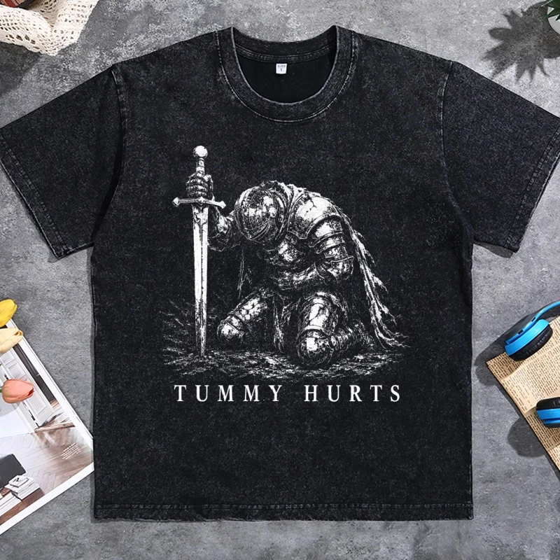 Bauchschmerzen Ritter T-Shirt Lustiges Dark Fantasy Grafik-T-Shirt Lässiges Retro Elden Ritter T-Shirt Baumwolle Kurzarm Rundhals T-Shirts – Detail 2
