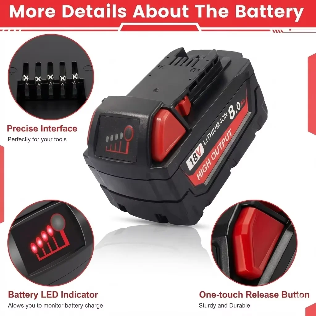 8.0Ah Battery for Milwaukee M18 18V, Replacement 48-11-1880 48-11-1850 48-11-1860, XC8.0 High Output Compatible M18 Li-ion Pack 2Pack 4Pack