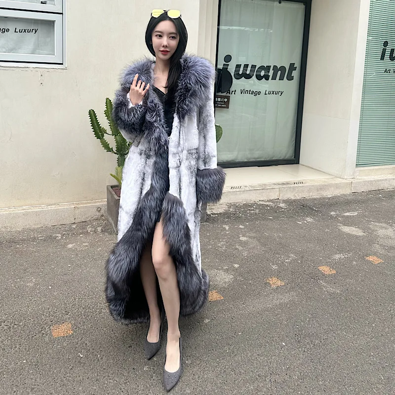 2024Winter Women  Real Rabbit Fur Coats With Fox Lapel Collar Natural Whole Skin Rabbit Fur Long Jackets Overcoat Luxury