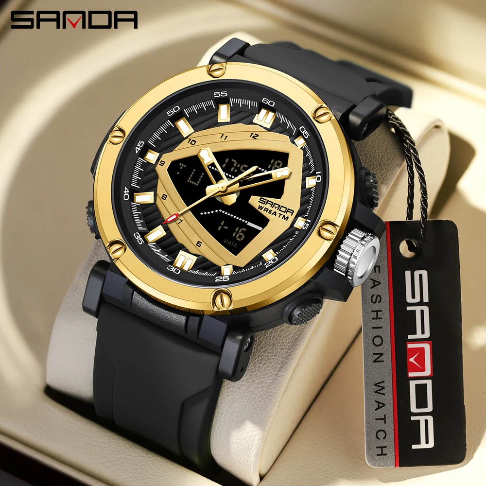 

SANDA 9052 Men's Electronic Watch Leisure Creative Outdoor Luminous Analog Digital Display Silicone Strap Wrist Watches for Male