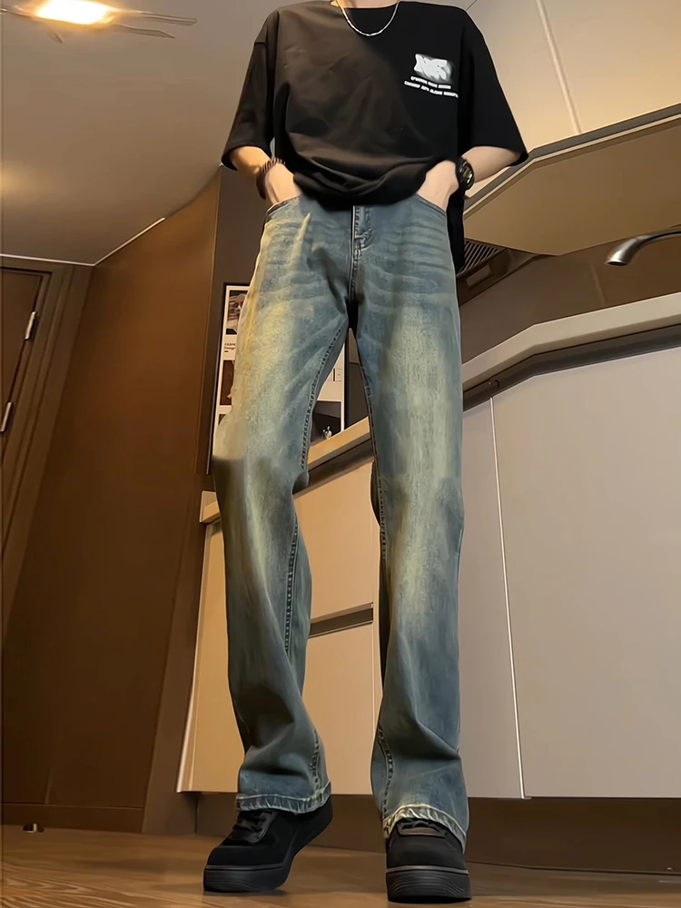 

Мужские джинсы Retro Blue Blade: эластичные, в американском стиле High Street, зауженные, облегающие, с расклешенным низом, молодежный тренд, смесь хлопка и полиэстера