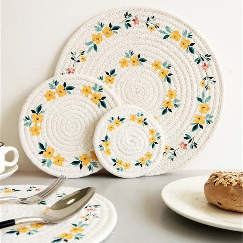 

1Pc Round Cotton Woven Flower Printed Kitchen Insulation Pad Table Mat Placemat Dish Cup Coaster