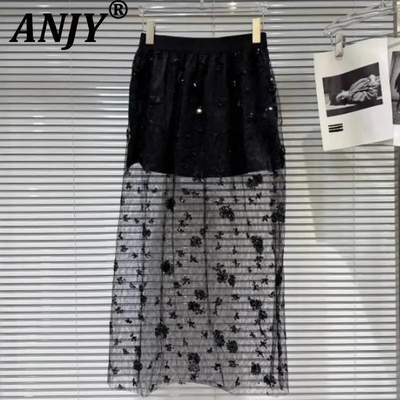 ANJY Summer New Women's Dark Style Elegant Fashion Sequins Mesh Patchwork Design High Street Stylish Straight Long Skirts A23943