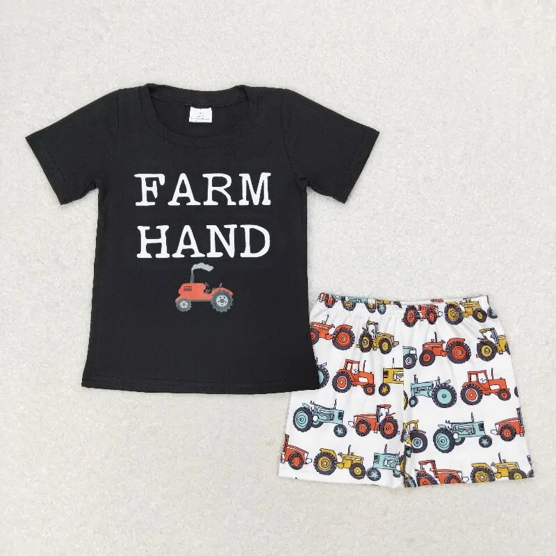 

New rts baby boy summer suit wholesale boutique farm hand tractor black short sleeve shorts boys set