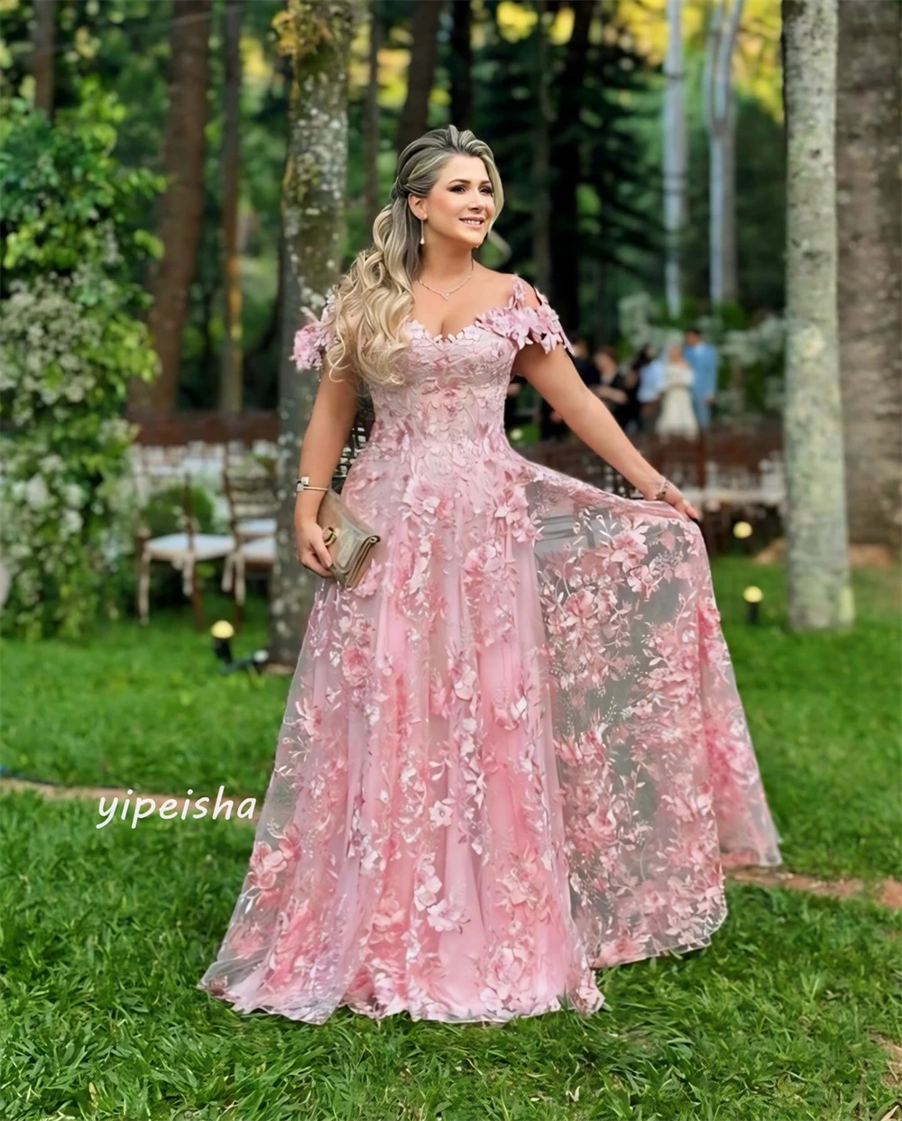 Organza Applique Draped Pleat Homecoming A-line Off-the-shoulder Bespoke Occasion Gown