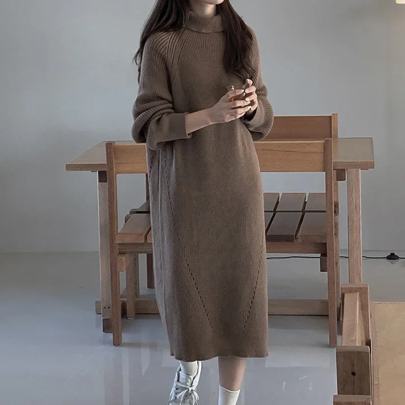 Winter Thicken Knitted Dress Women Elegant  Autumn Turtleneck Loose Long Sweater Dresses Vestido Korean Knit Clothing