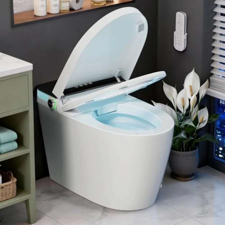 

Smart bidet toilet for bathrooms: ceramic, white, auto open/close lid, heated seat, warm water sprayer, dryer, tankless design,
