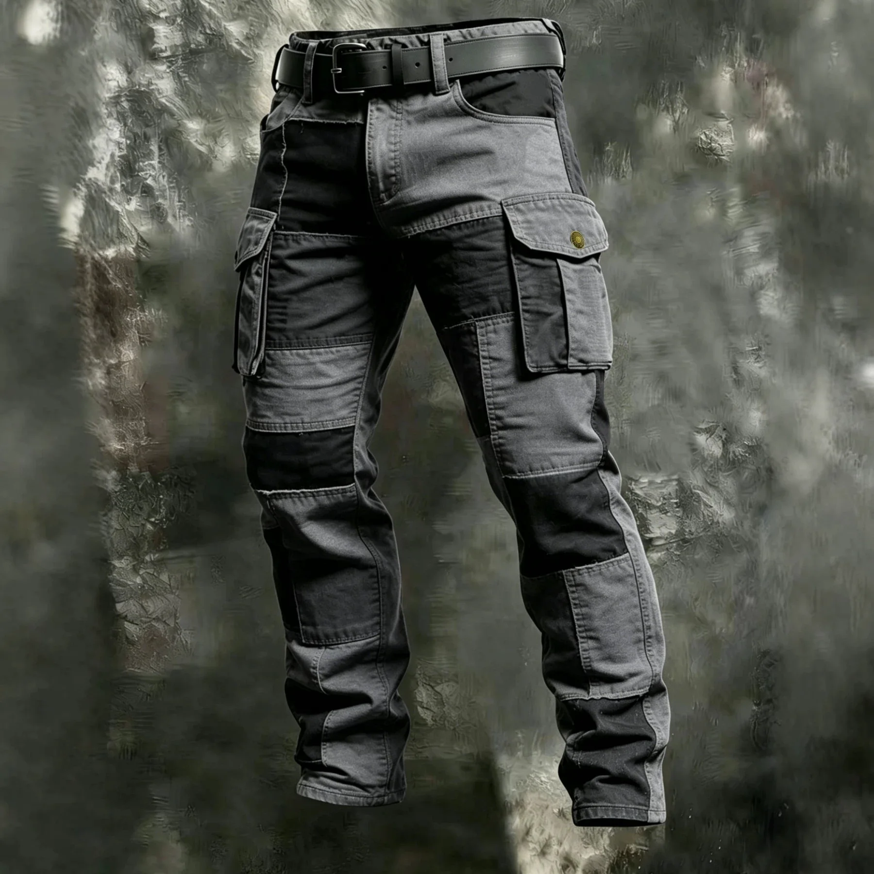 100% Cotton Men Spliced Color Block Cargo Pants Multi‑Pocket Loose Elastic Waist Outdoor Casual Work Trousers S‑6XL