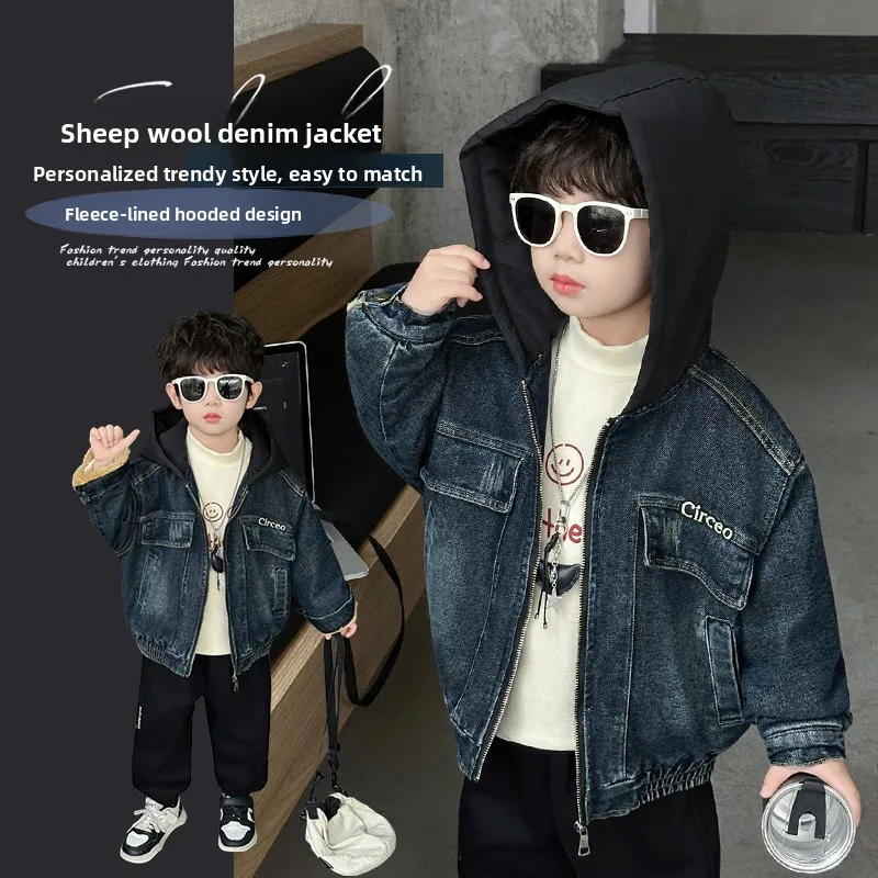 

Утепленная джинсовая куртка с флисовой подкладкой и капюшоном для мальчиков, теплая молодежная модная зимняя куртка стандартного кроя из смесового хлопка и полиэстера