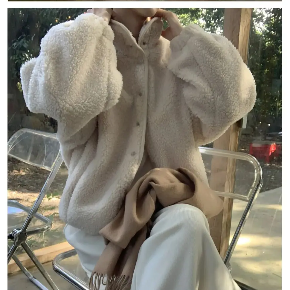 

Korean style Warm stand-up collar single-breasted lamb wool coat for women