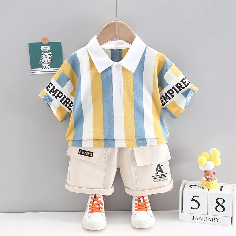 

2022 New Baby Boys Girls Summer Clothes Cotton Big Strips Sports Suit Infant T Shirt Shorts Children Clothing Tracksuits Sets