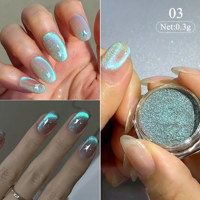 0.3g Water Blue Cat Magnetic Chrome Powder Aurora Magnetic Glitter Powder โปร่งแสงถูฝุ่นบนเล็บตกแต่งผง