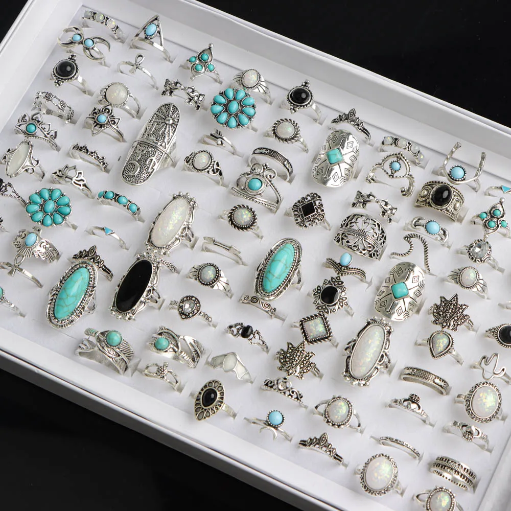 10/20/30/50/100 قطعة/الوحدة موضة جديدة خمر سحر الحجر الطبيعي خواتم للنساء مزيج نمط مهرجان مجوهرات هدايا الديكور الطرف