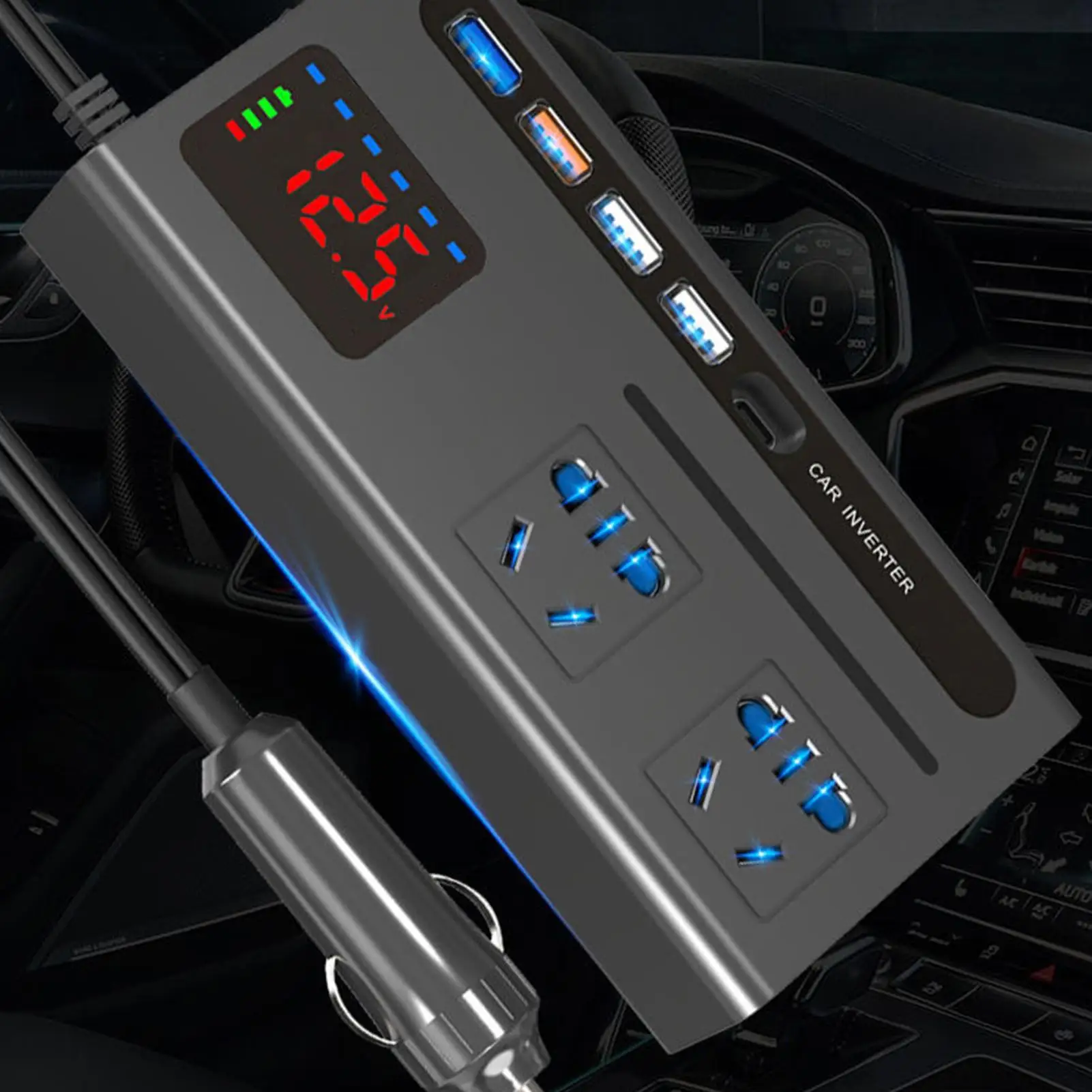Power Inverter For Car 200W Portable Adapter Converter Fast Charging LCD Display Car Power Converter With 5 Ports For Drivers
