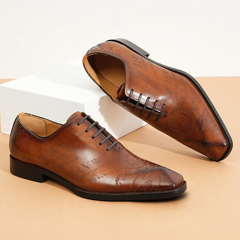 

Men's Genuine Leather Vintage High Quality Square Toe Shoes Luxury Classic Formal Dress Elegant Gentleman Italian Black Cowhide