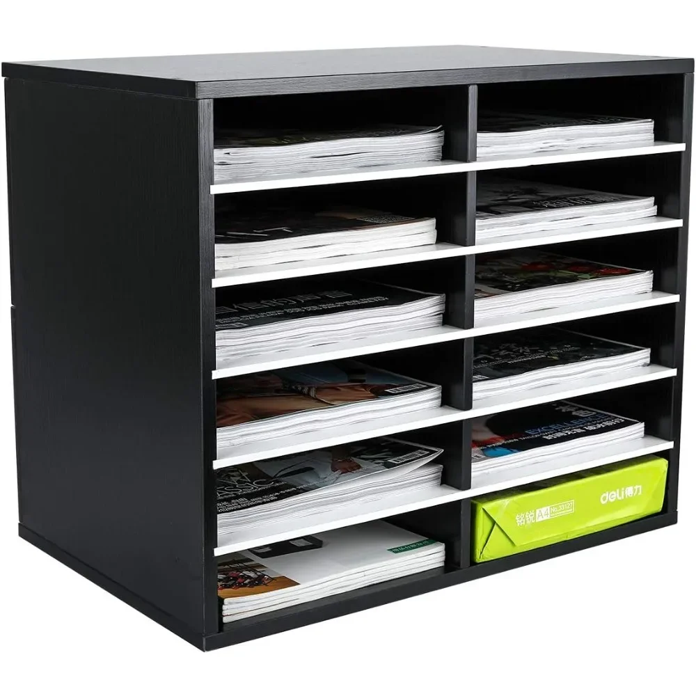 12-Compartment Wooden Paper Organizer with Adjustable Shelves, 6000 Sheets Capacity, Mail Sorter for Office/Classroom, Black/White - view 3