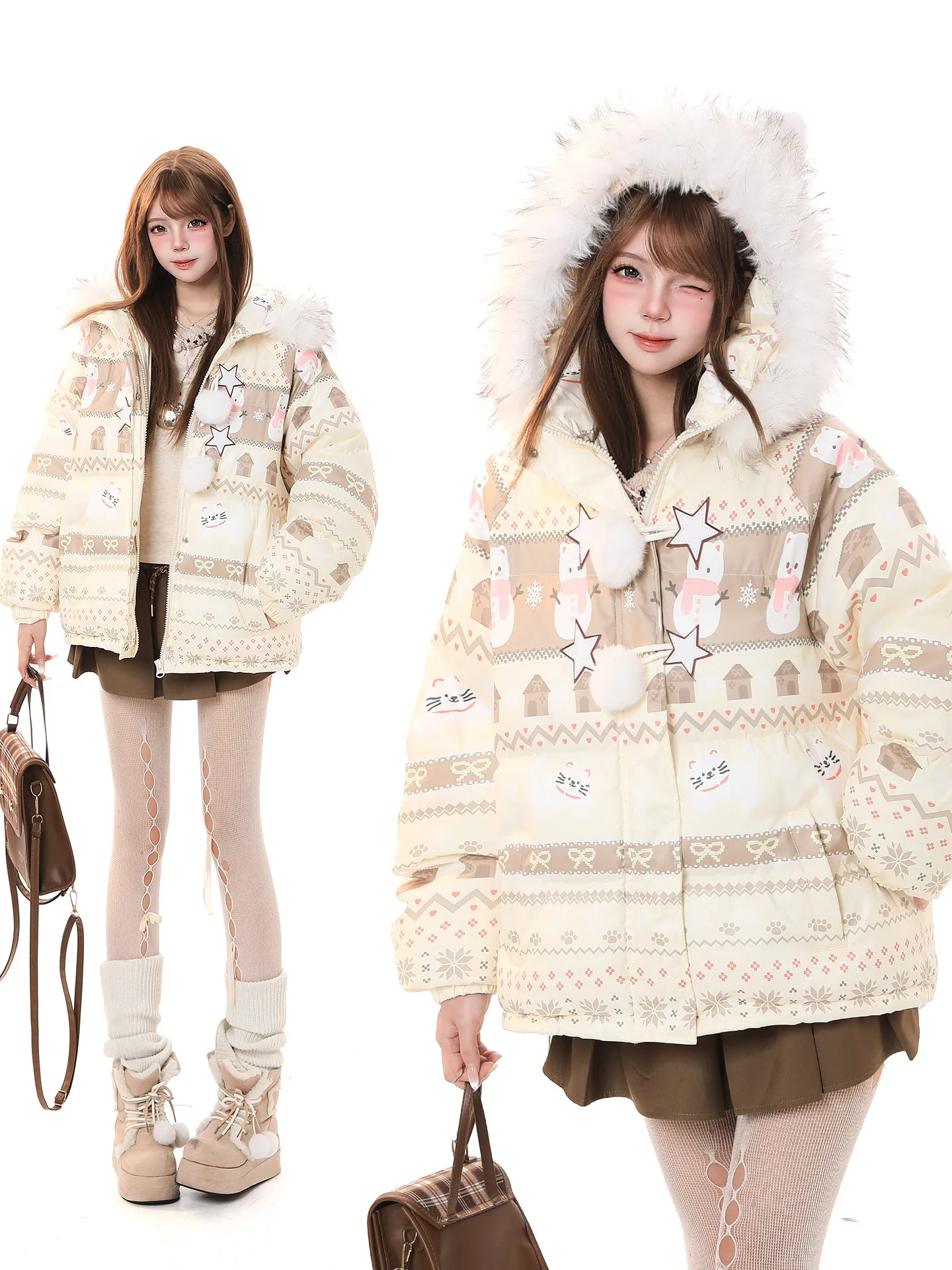 

Милая мультяшная утепленная хлопковая куртка с капюшоном для женщин, зимняя повседневная свободная теплая куртка с большим меховым воротником, на молнии, длинная, с длинными рукавами.