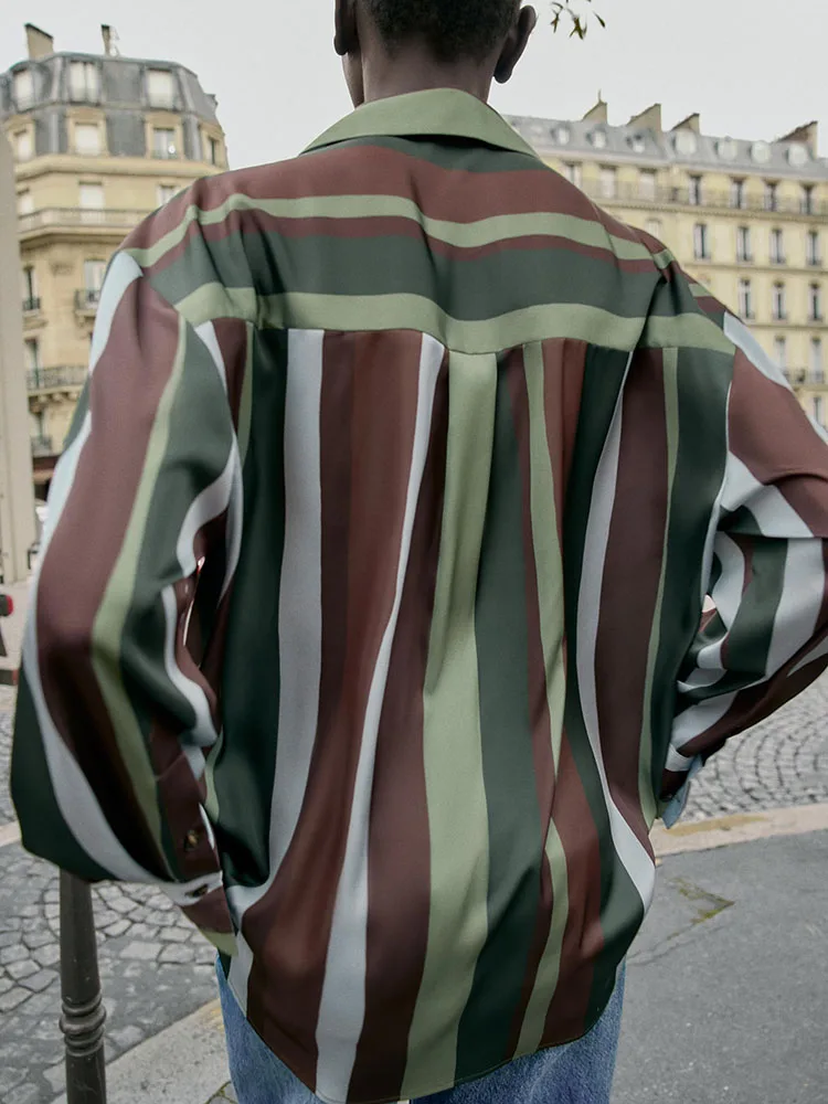 Winter 2025 Women's Faionable Long Sve awl Collar Striped Silk Satin Feel irt Versatile New Arrival 330