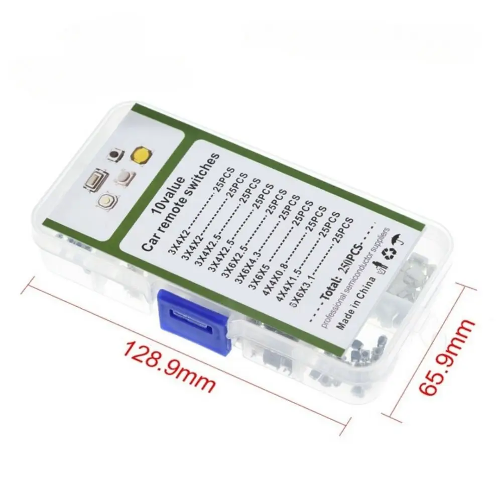 100/200/250pcs 10 Types Tactile Push Button Switch with Box Waterproof Car Remote Control Keys Button