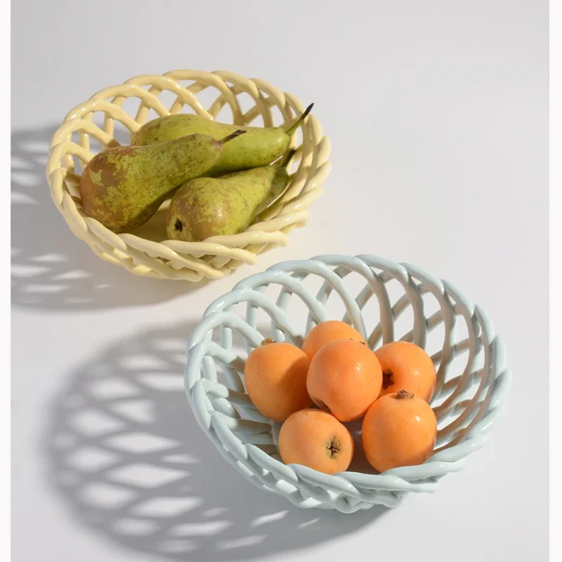 Ceramic Weave Basket Bowl Vegetables Holder Stoneware Woven Fruit Plate Ceramic Berry Basket Snack Basket for Home Hotel