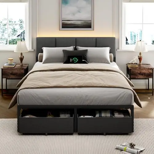 Full Size Bed Frame with Headboard, Upholstered Full Bed Frame with LED Light, USB Charging Station, Platform Bedframe