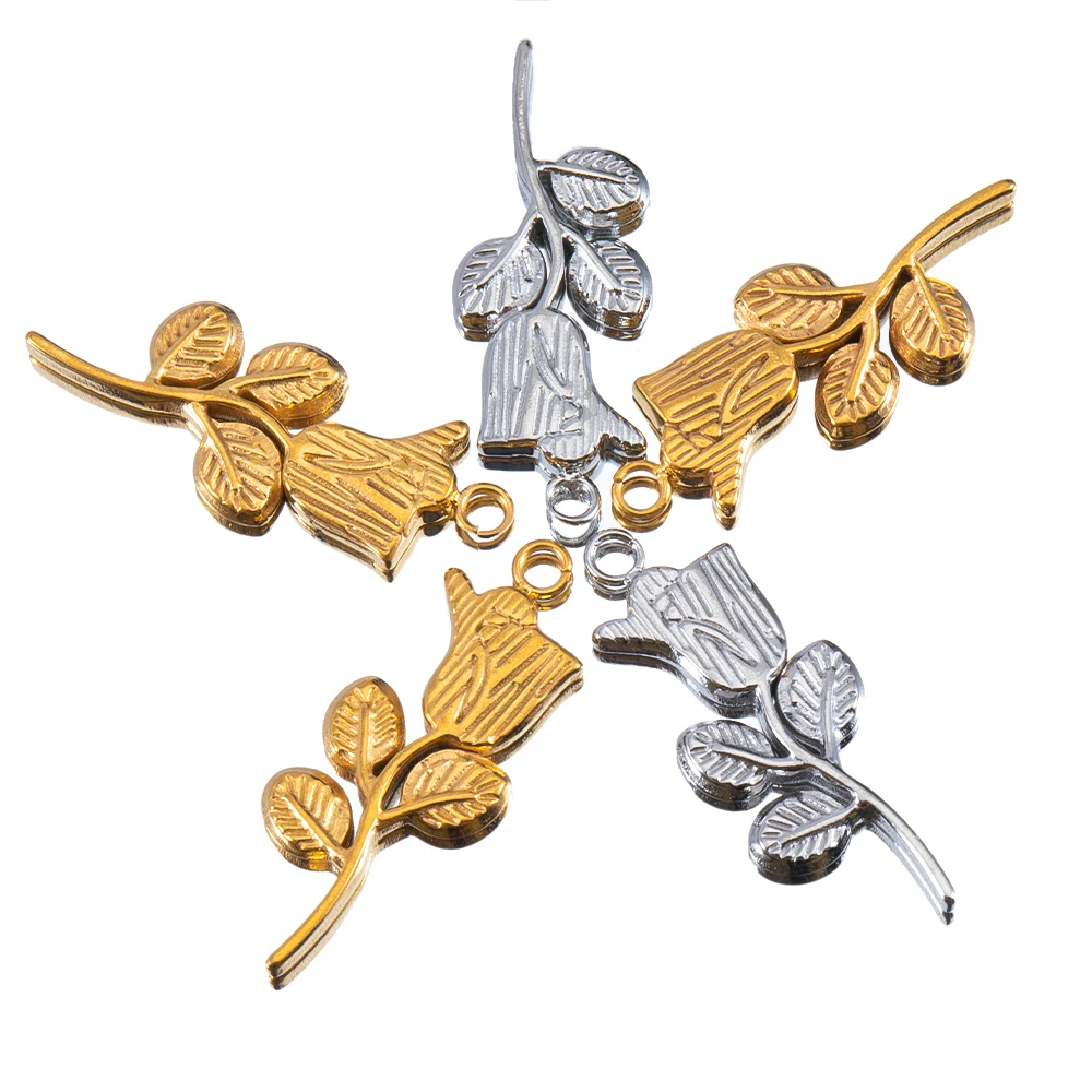 

2/5pcs Stainless Steel 10*25mm Rose Shaped Pendants With Color Retention For DIY Necklaces Fashionable And Trendy Accessories