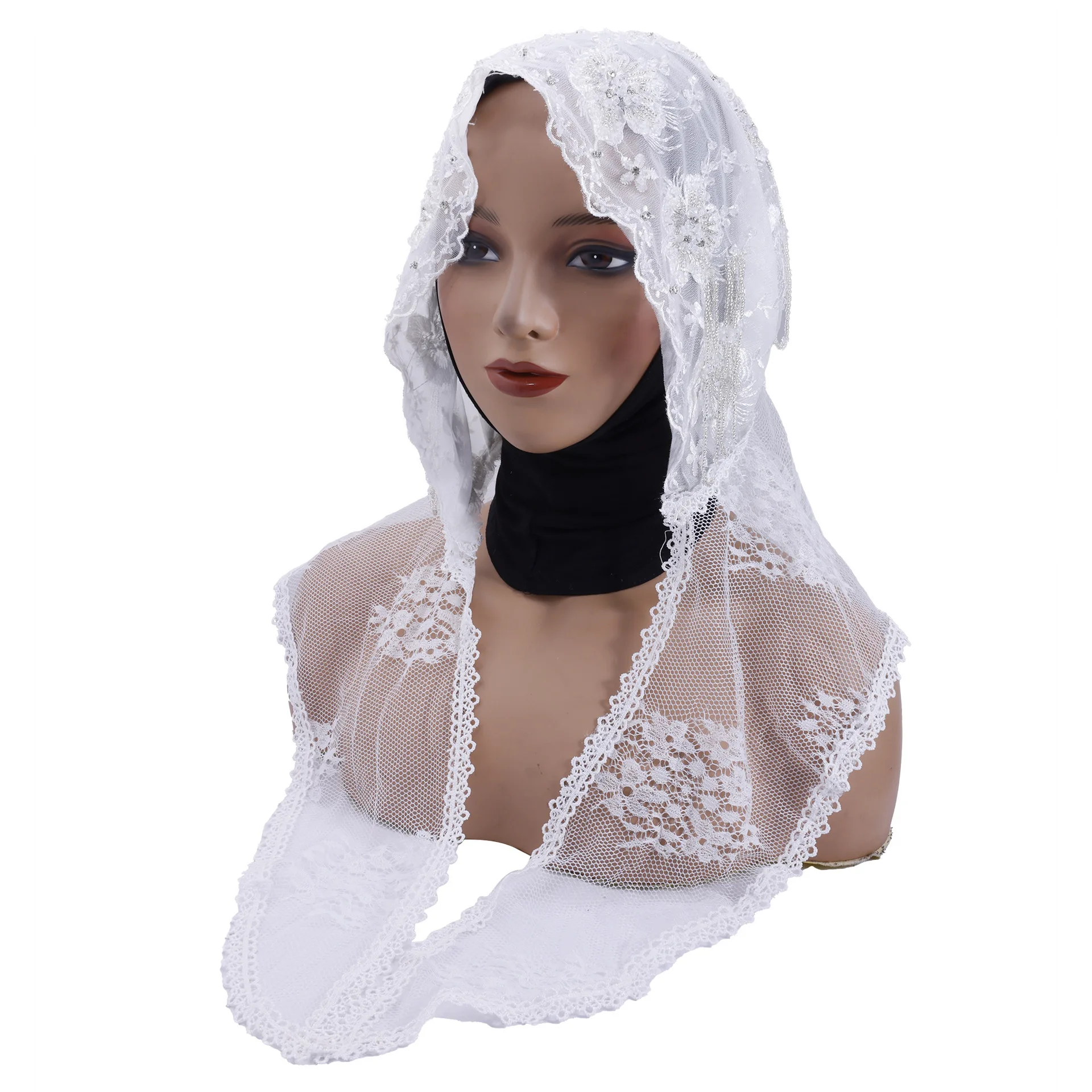 タッセルビーズ付きプレタイドターバンハット エレガントな女性用ムスリムヒジャブ レース刺繍ヘッドスカーフ イスラムヘッドラップ ボンネットキャップ ヘッドウェア 女性用