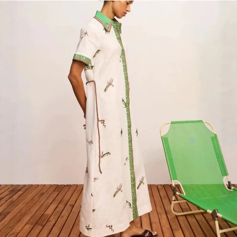 2026 Autumn New Original Women Linen Floral Print Maxi Shirt Dress Short Sleeve Casual Versatile Long Daily Outfit