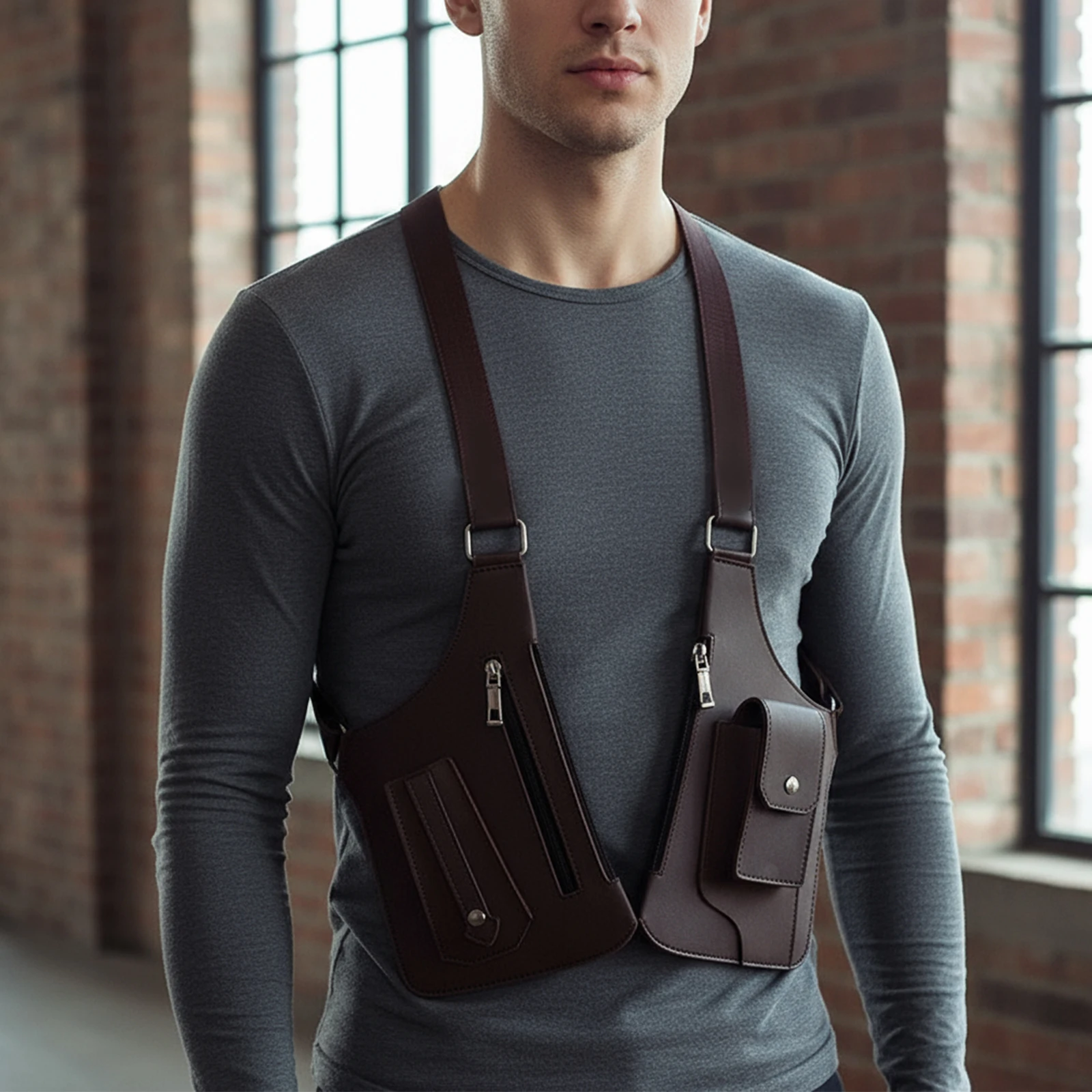 

PU Leather Double Shoulder Armpit Bag Multi-Pocket Underarm Strap Wallet Pocket Anti-Theft Crossbody Bags for Men Women