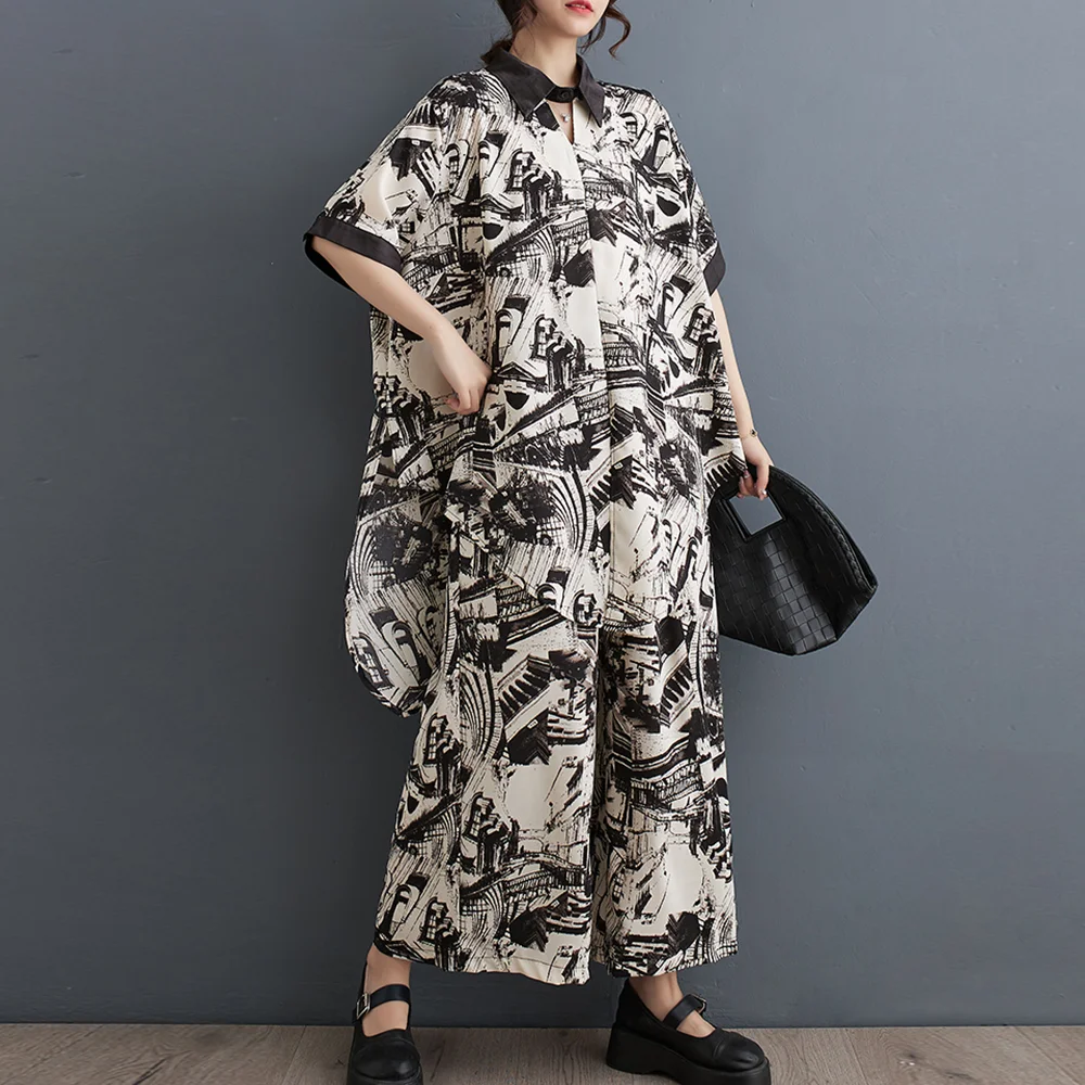 Oversized Summer Print 2 Two Piece Set Women Irregular Pleated Ladies Blouses Elastic Waist Fashion Loose Woman Wide Leg Pants