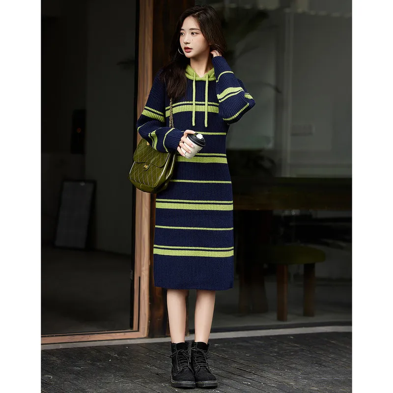 Striped hooded cashmere knit dress women's casual loose long sweater skirt