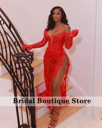 Sexy Red Long Prom Dresses 2024 With Two Gloves Slit Lace Birthday Party Off Shoulder Corset Gowns Robe Lace-Up Back Customized