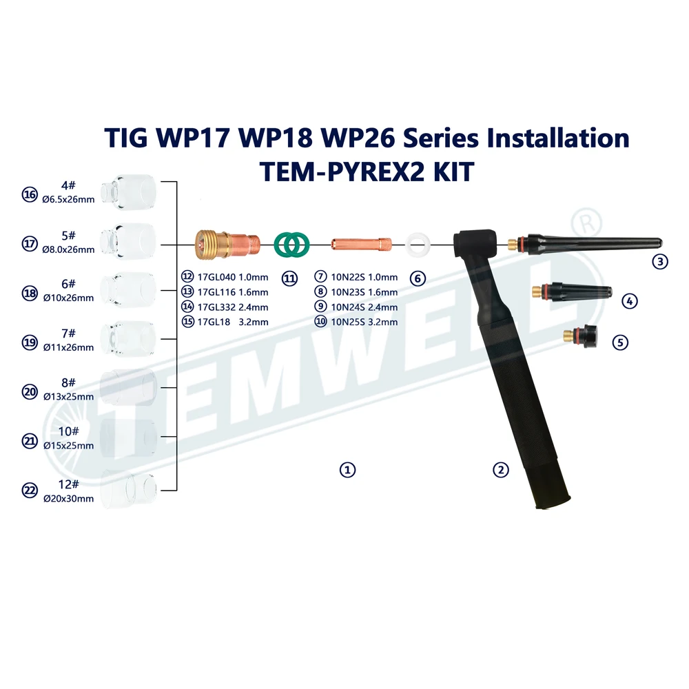 TIG 용접 토치 액세서리, 스터비 가스 렌즈, 파이렉스 유리 컵 키트, WP-17/18/26 토치 용접 납땜 용품, 4 # ~ 12 #, 30 개
