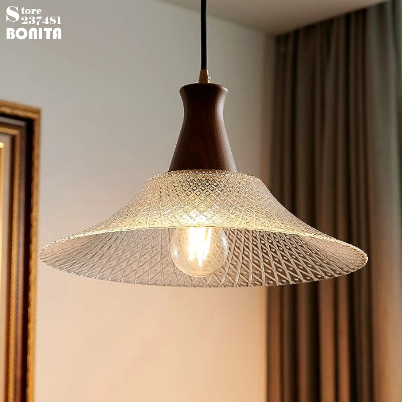 Vintage American Pendant Light, Solid Walnut & Embossed Glass Lampshade Chandelier for Cafe Bar Kitchen Island Bedroom Decor view 2