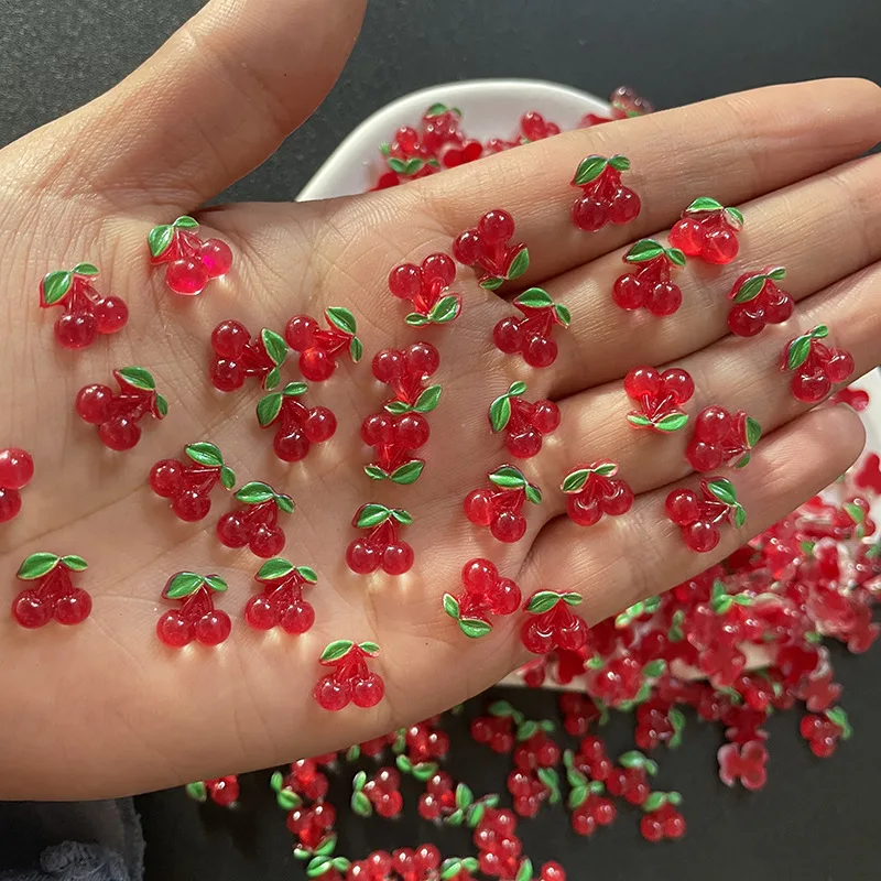 50 Pcs New 9*9mm Cute Mini Fruit Cherry Resin Figurine Crafts Flat Back Manicure Ornament Jewelry Making Hairwear Accessories