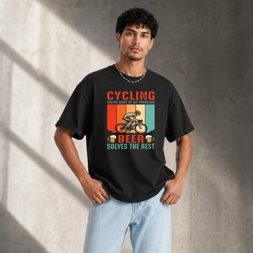 Vintage Retro Stripes Cycling Beer Solves The Rest Biker Graphic T Shirt Men Cotton Loose Fit Tee Funny Cyclist Daily Street Tee