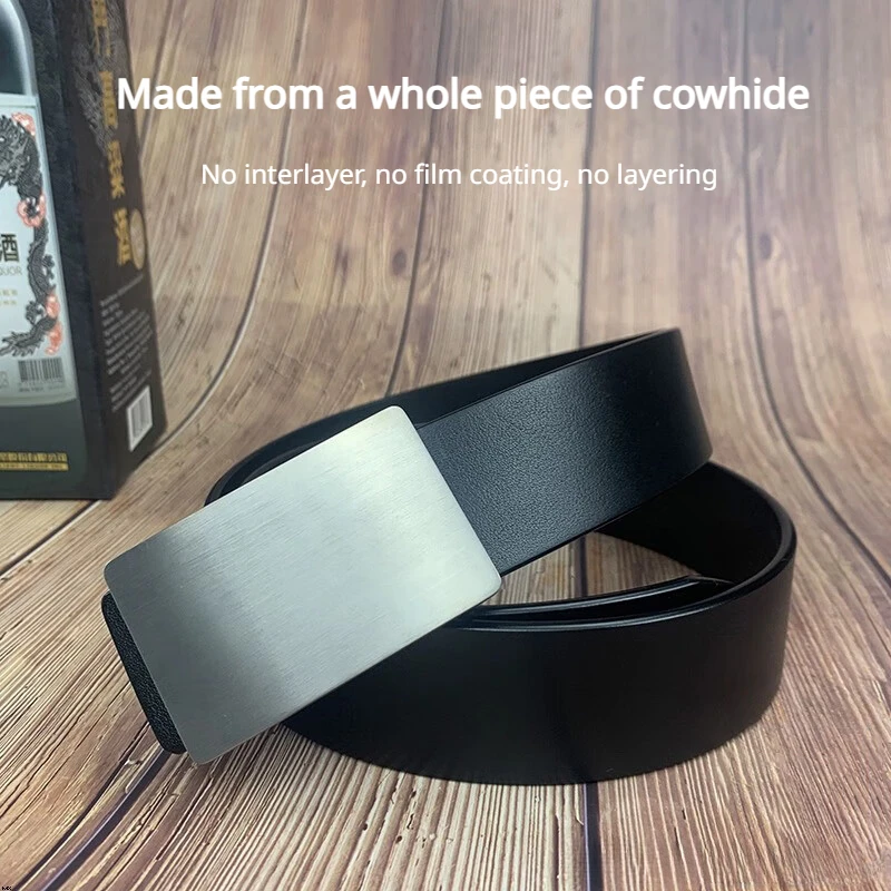 35/38mm Men's Genuine Leather Belt Pure Titanium Alloy Smooth Buckle Betl Formal Business Casual Wear Cowhide Waist Belt